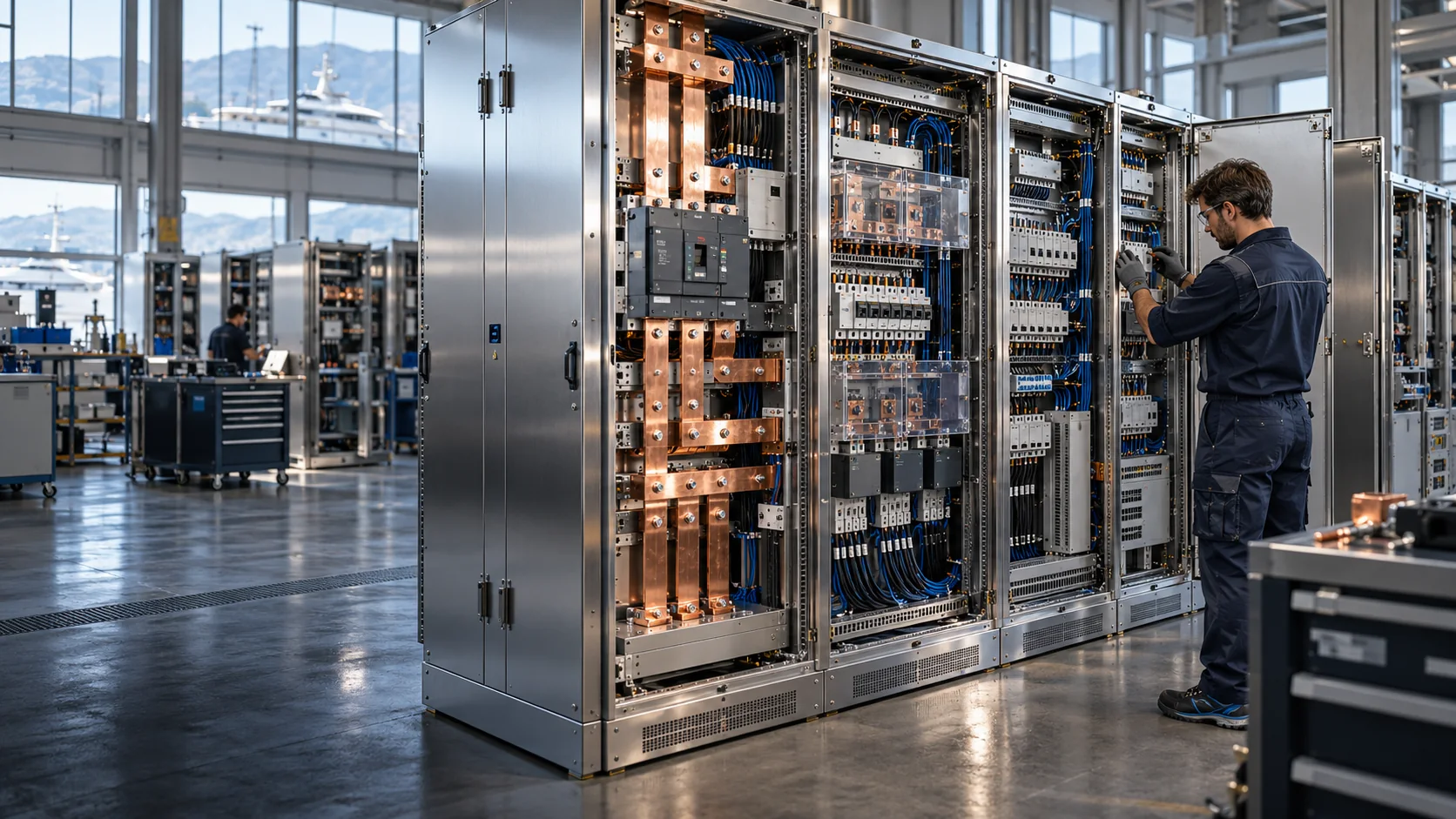 AI-generated concept of a technician assembling an open marine switchboard with copper busbars and organised cabling