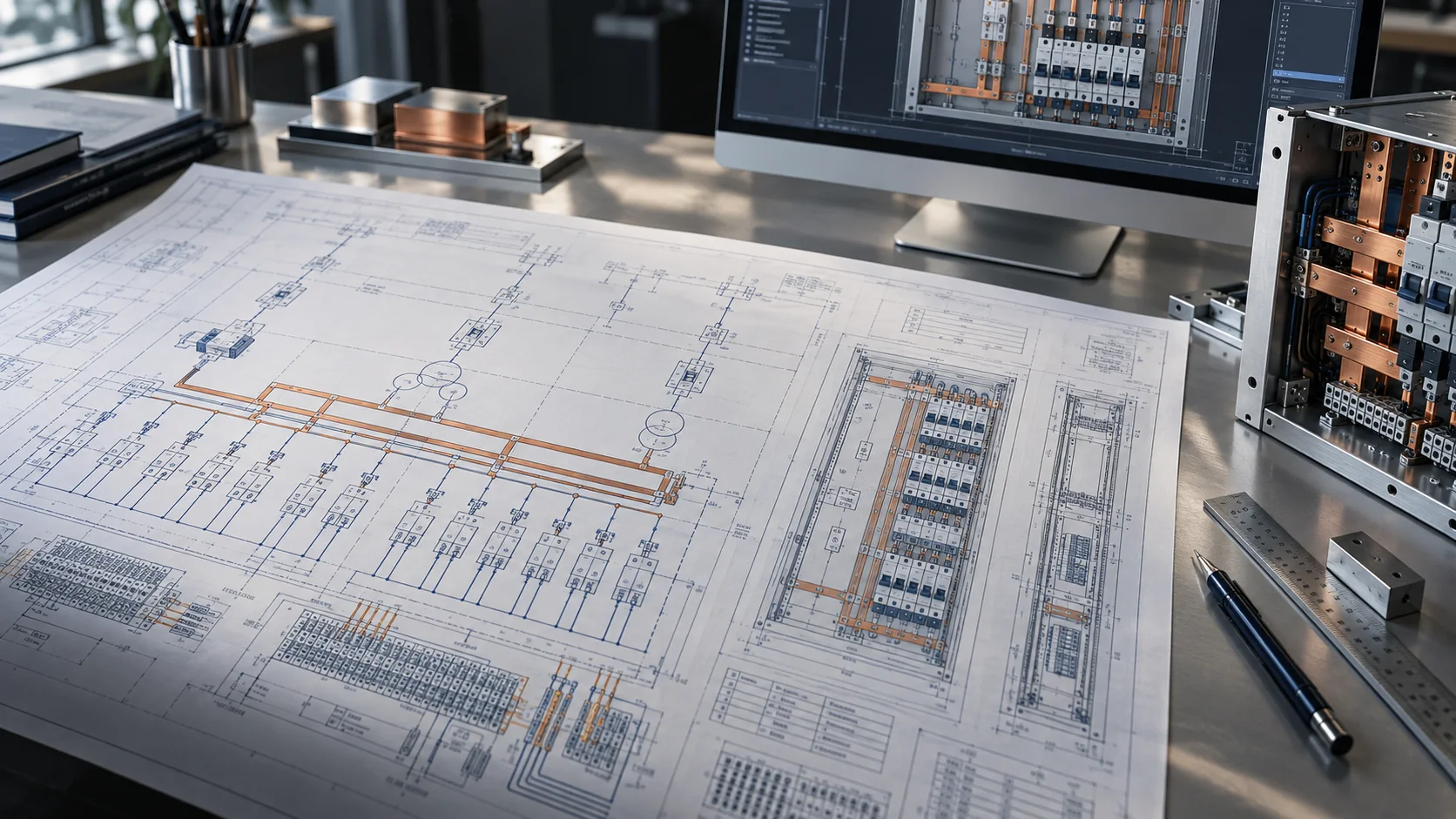 AI-generated concept of marine electrical panel design, with switchboard schematics, cabinet layouts and a CAD workstation