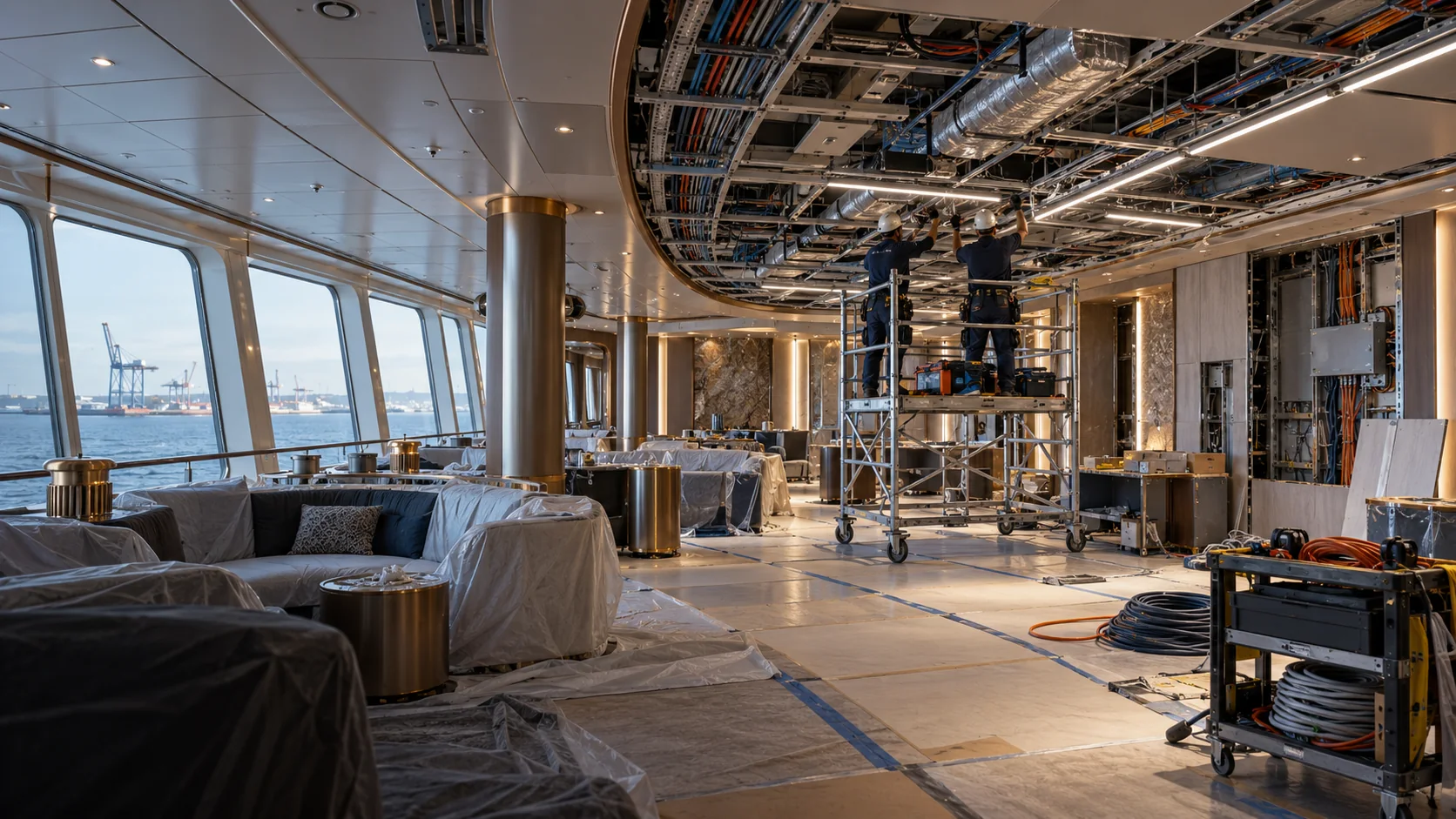 AI-generated concept of a cruise ship lounge during interior refitting, with electricians installing ceiling cabling and lighting